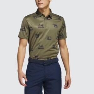 Adidas Mens Allover Printed Polo Shirt Golf Olive Green Graphic Shirt Size 2XL